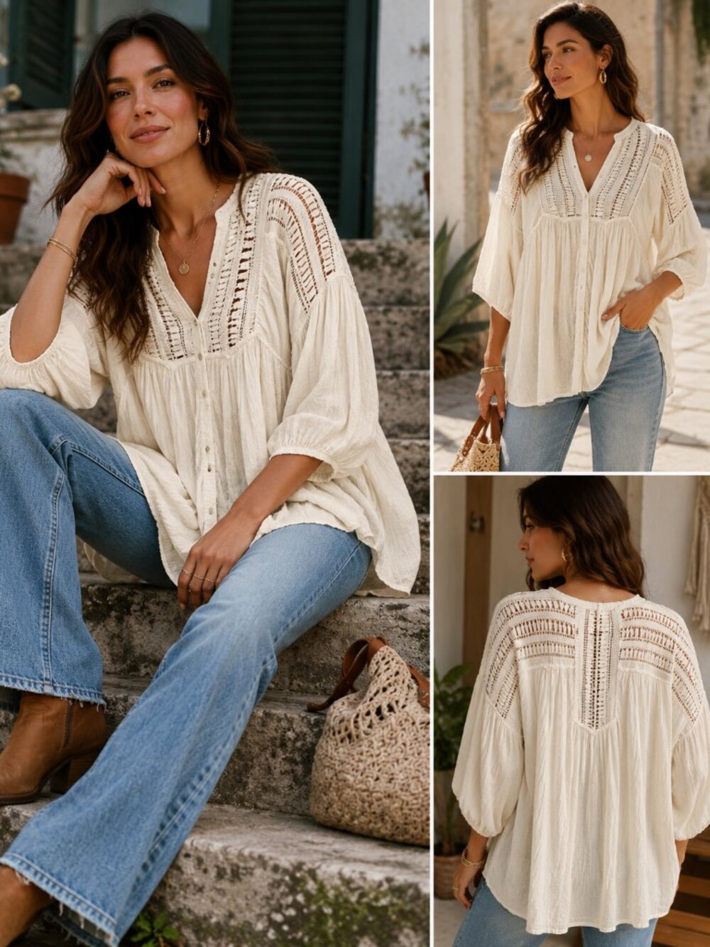 Denim & Supply Ralph Lauren L Ivory Boho Crochet Gauze Peasant Blouse